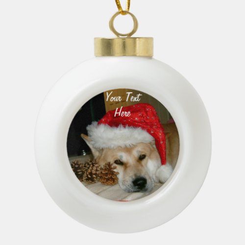 Cute dog in santa hat with cones for christmas  ceramic ball christmas ornament