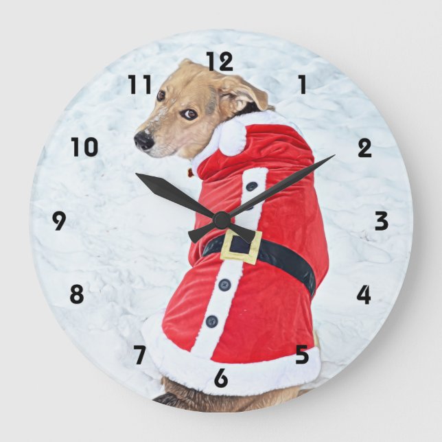 Cute Dog In Snow Wearing Red Santa Suit Christmas Large Clock (Front)
