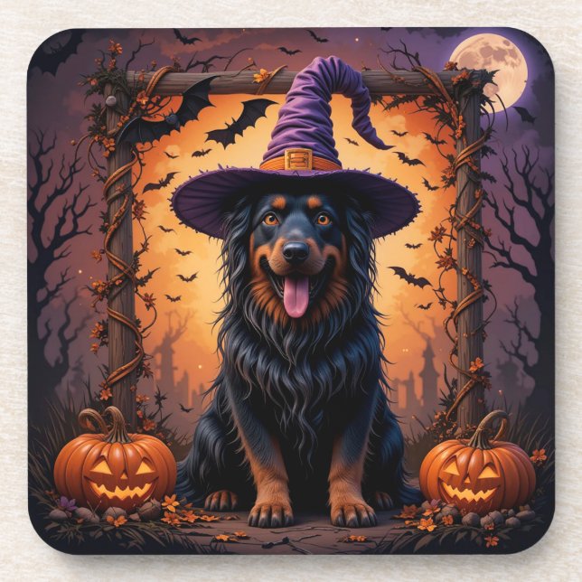 Cute Dog in Witch Hat Surrounded by Pumpkins Beverage Coaster (Front)