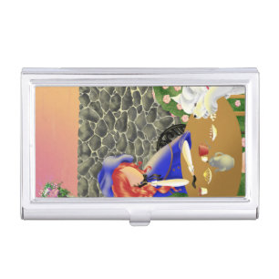 Cute Dog & Lady in Cafe at Sunset Business Card Case