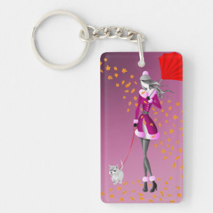 Cute Dog & Lady walking in Rain - Rainy Day Art Keychain