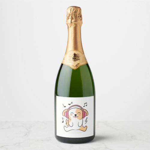 Cute Dog Listening To Music Sparkling Wine Label