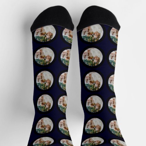 Cute Dog Love Girl Funny Face Pet Photo Navy Blue Socks