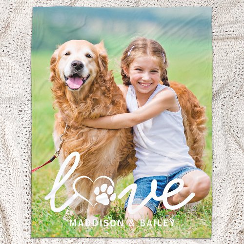 Cute Dog LOVE Paw Print Custom Pet Photo Dog Lover Fleece Blanket
