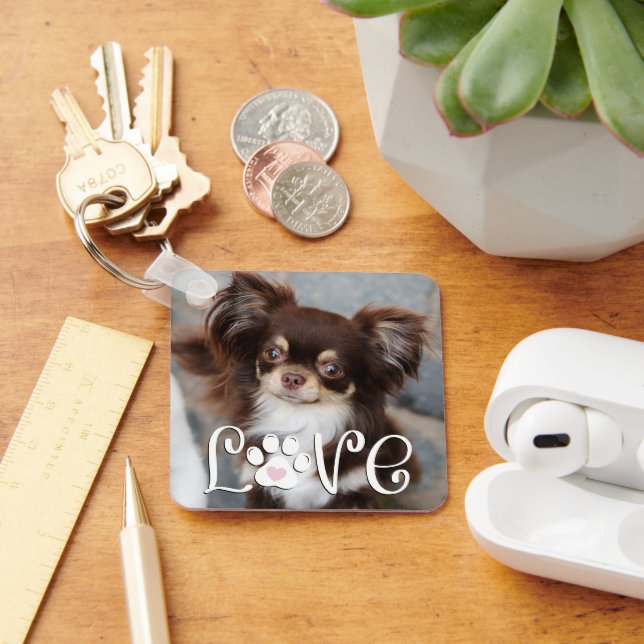 Cute Dog LOVE Paw Print Photo Custom Keychain (Desk)