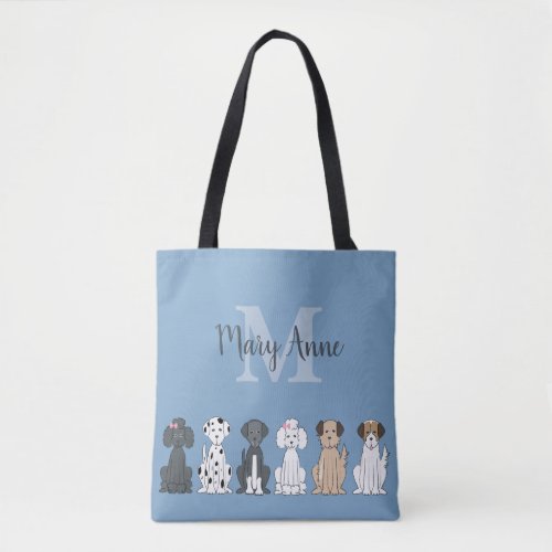 Cute Dog Lovers Monogram Blue Tote Bag