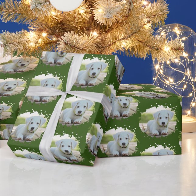 Cute Dog Lovers Personalized Photo Pattern Green Wrapping Paper (Holidays)