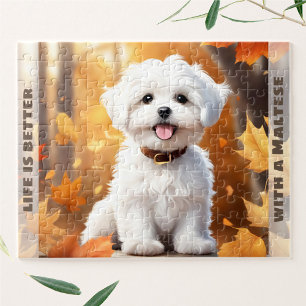 Cute Dog Maltese Puppy Pumpkin Fall Autumn Name Jigsaw Puzzle