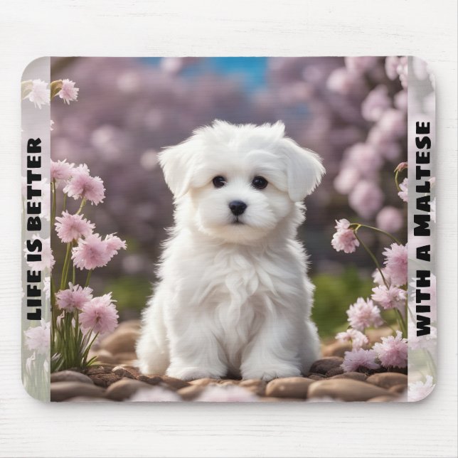 Cute Dog Maltese Puppy Spring Floral Custom Name Mouse Pad (Front)