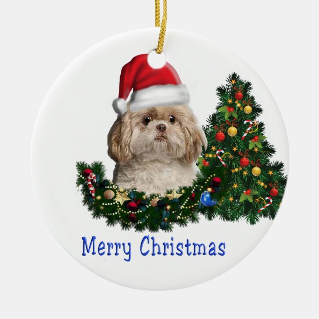 Cute Dog  merry Christmas Ceramic Ornament (Front)