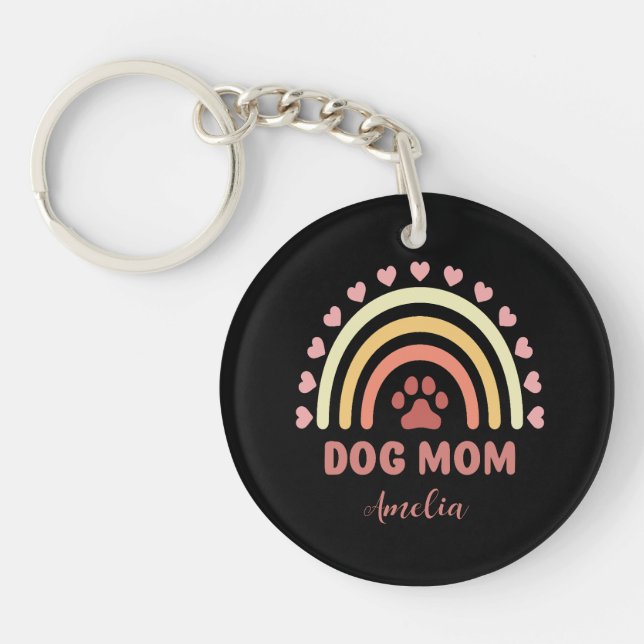 Cute Dog Mom Custom Name Rainbow Pattern Keychain (Front)