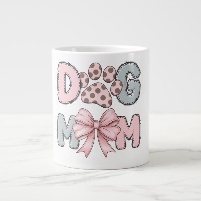 Cute Dog Mom Mug | Pink Bow Paw Print Coffee Cup (Front)