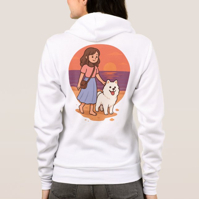 Cute Dog Mom Walking Fluffy Pup on Sunset Beach  Hoodie (Back)