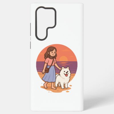 Cute Dog Mom Walking Fluffy Pup on Sunset Beach  Samsung Galaxy S22 Ultra Case