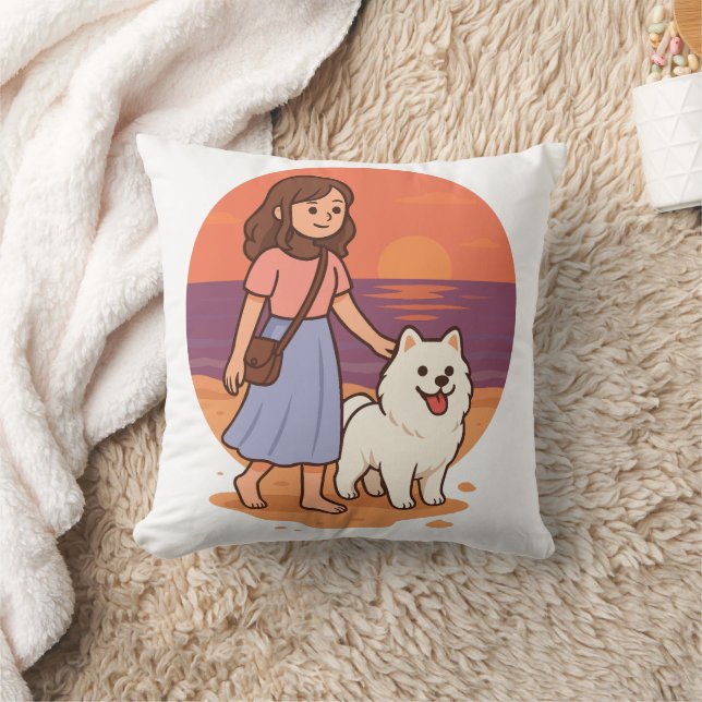 Cute Dog Mom Walking Fluffy Pup on Sunset Beach  Throw Pillow (Blanket)
