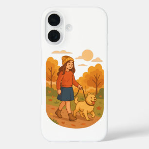 Cute Dog Mom Walking Pup in Cozy Forest iPhone 16 Case