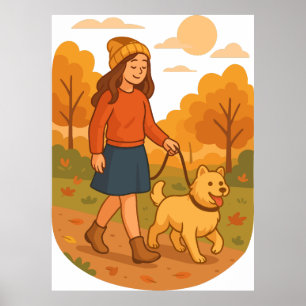 Cute Dog Mom Walking Pup in Cozy Forest Poster