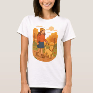 Cute Dog Mom Walking Pup in Cozy Forest T-Shirt