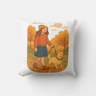 Cute Dog Mom Walking Pup in Cozy Forest Throw Pillow