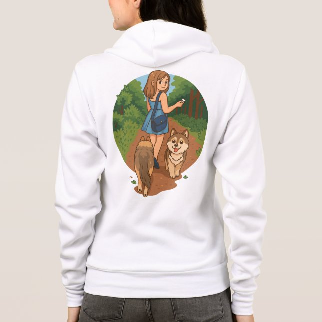Cute Dog Mom Walking Puppies Forest Trail Illustra Hoodie (Back)