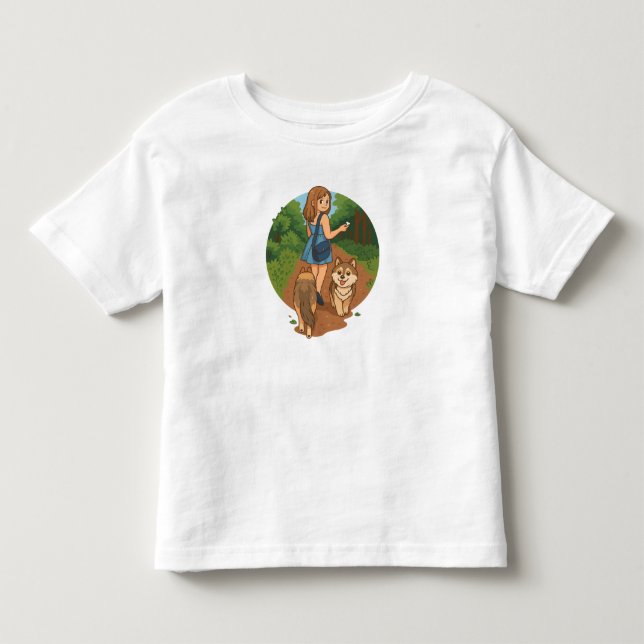 Cute Dog Mom Walking Puppies Forest Trail Illustra Toddler T-shirt (Front)