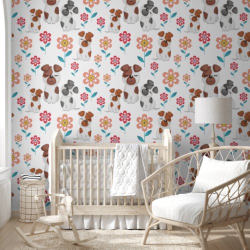 Cute dog mother and babies flowers pattern wallpaper 