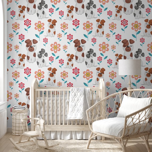 Cute dog mother and babies, flowers pattern wallpaper  (Kids)