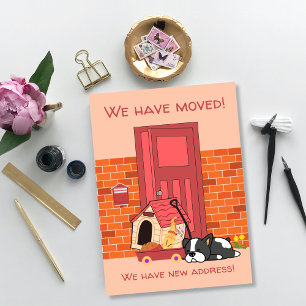 Cute dog moving his house in front of door moving announcement