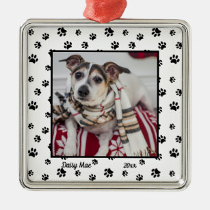Cute Dog Name and Year with Photo Black Paw Prints Metal Ornament