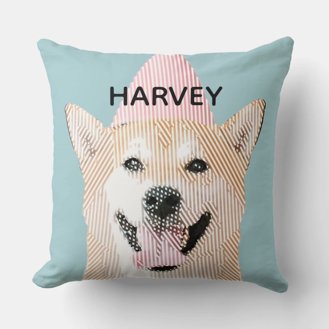 Cute Dog Name Kawaii Smiling Shibu Inu Blue Throw Pillow (Front)