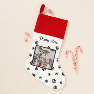 Cute Dog Name & Photo Black Paw Prints Christmas Stocking
