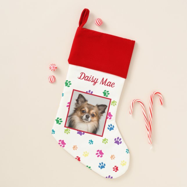 Cute Dog Name & Photo Colorful Paw Prints Christmas Stocking (Front)