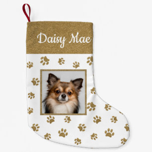 Cute Dog Name Photo Gold Glitter Paw Prints Small Christmas Stocking