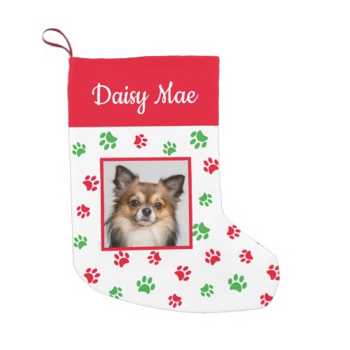 Cute Dog Name Photo Red and Green Paw Prints Small Christmas Stocking