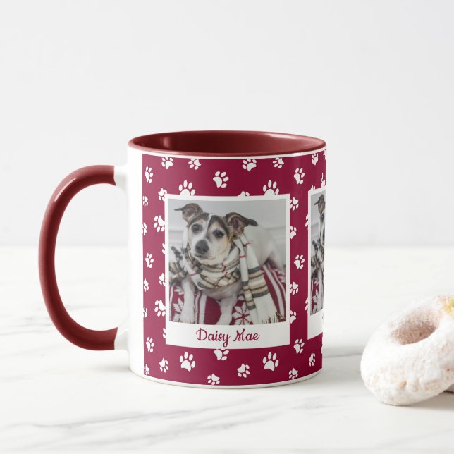 Cute Dog Name & Photo Red and White Paw Prints Mug (With Donut)