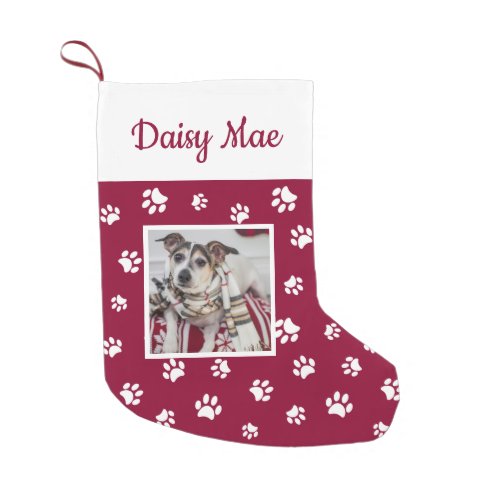 Cute Dog Name  Photo Red and White Paw Prints Small Christmas Stocking