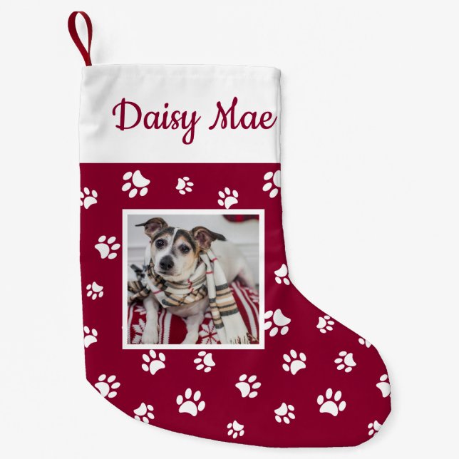 Cute Dog Name & Photo Red and White Paw Prints Small Christmas Stocking (Front)