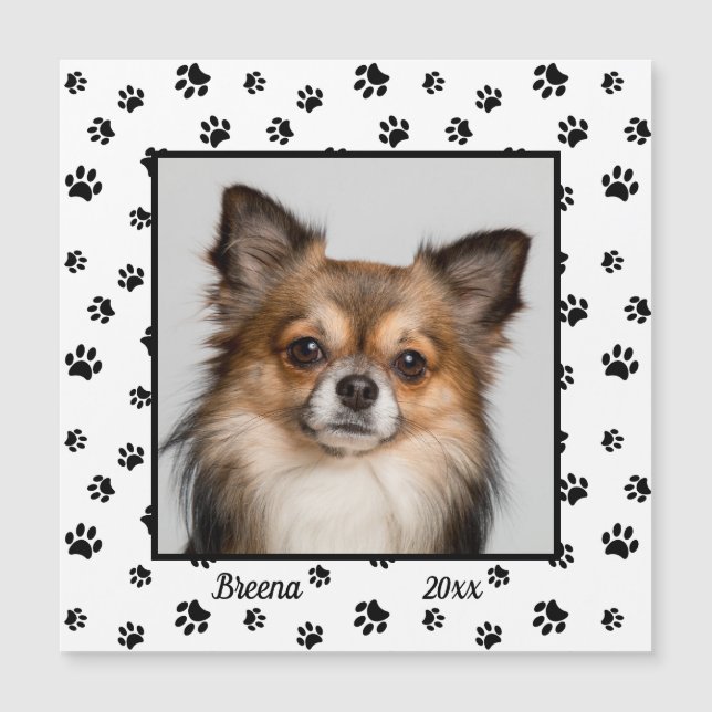 Cute Dog Name Year Photo Black Paw Prints Magnet (Front)