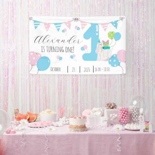 Cute dog next to blue number one First Birthday Banner