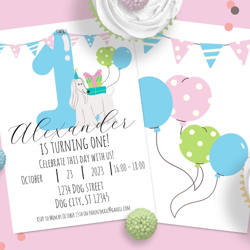 Cute dog next to blue number one First Birthday Invitation