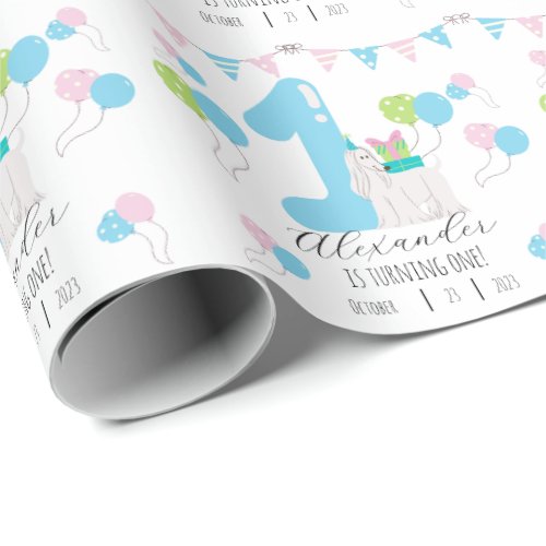 Cute dog next to blue number one First Birthday Wrapping Paper