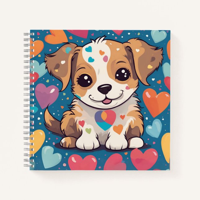 "Cute dog notebook with hearts in the background  (Front)