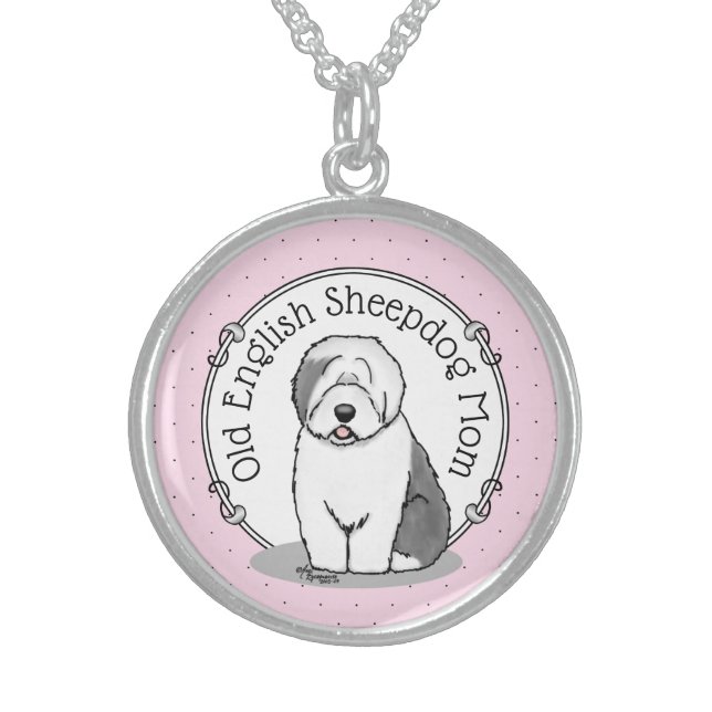 Cute Dog OES Mom Old English Sheepdog Mom (Gray 1) Sterling Silver Necklace (Front)