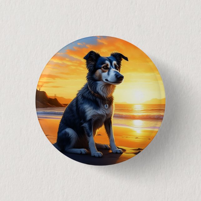 Cute Dog on Beach at Sunset  Button (Front)