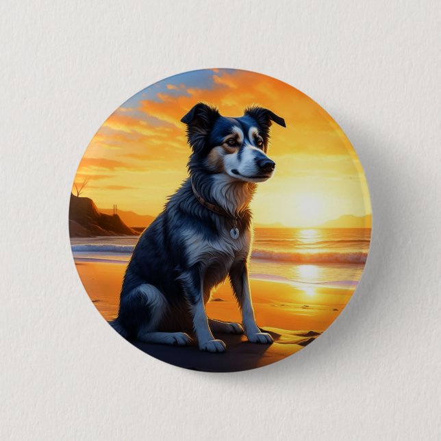 Cute Dog on Beach at Sunset  Button (Front)