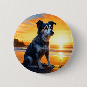 Cute Dog on Beach at Sunset Button