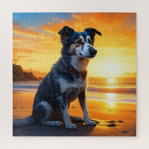 Cute Dog on Beach at Sunset Jigsaw Puzzle
