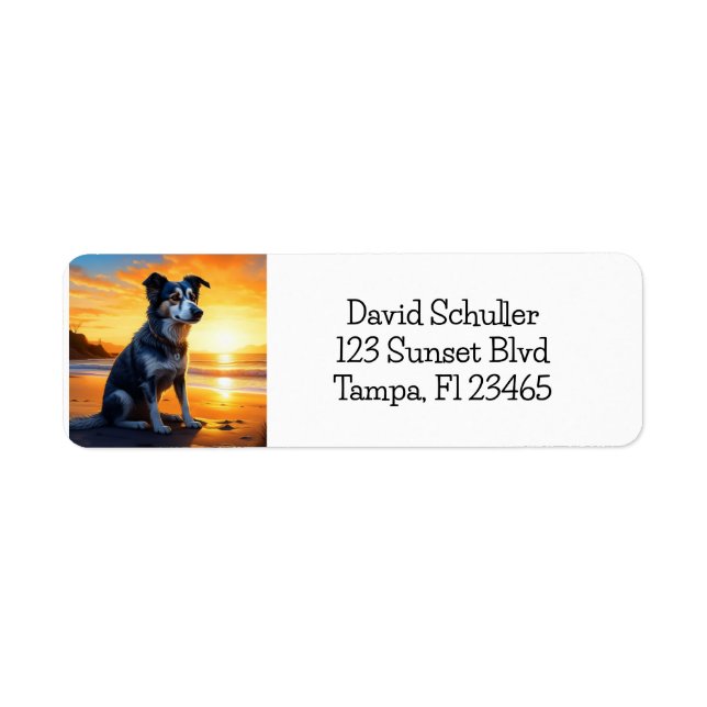 Cute Dog on Beach at Sunset  Label (Front)
