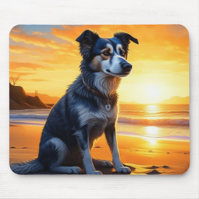 Cute Dog on Beach at Sunset  Mouse Pad (Front)