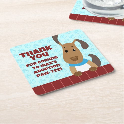 Cute Dog on Fence Pet Adoption Pawprints Thank You Square Paper Coaster